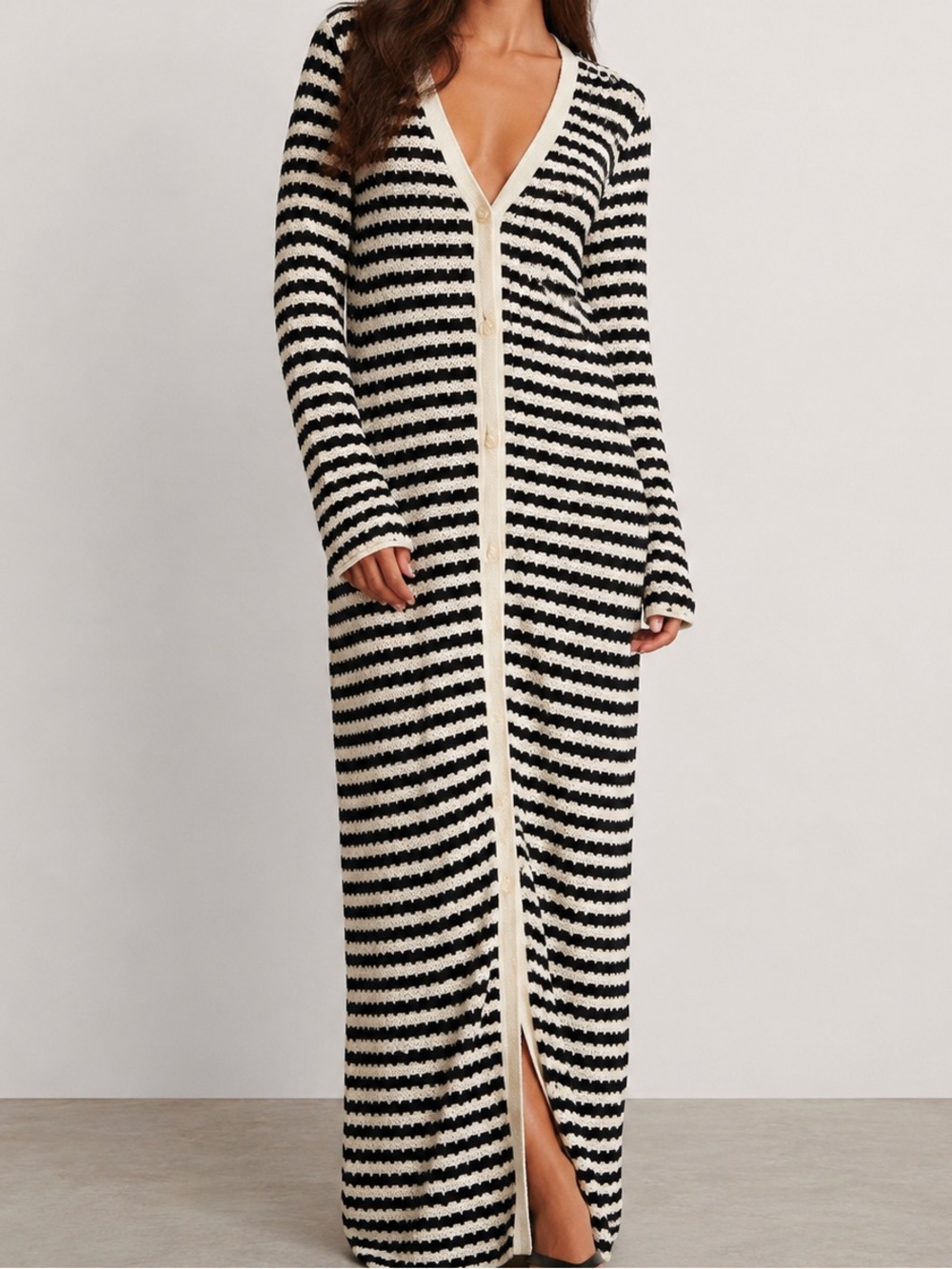 Black and White Long Sleeve Knitted Stripe Cardigan Dress